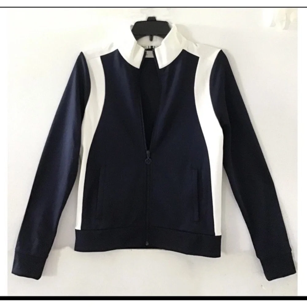 Tory Burch Sport Track Jacket Navy Blue Ivory White ColorBlock XL Full Zip